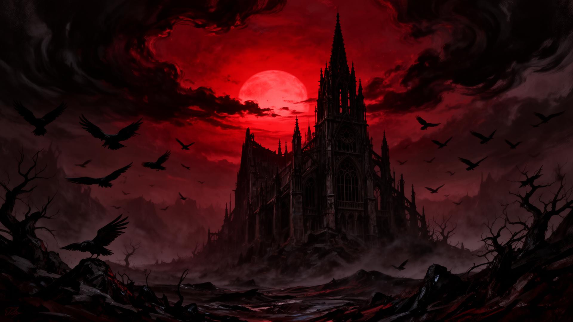 A ruined gothic cathedral beneath a blood-red moon